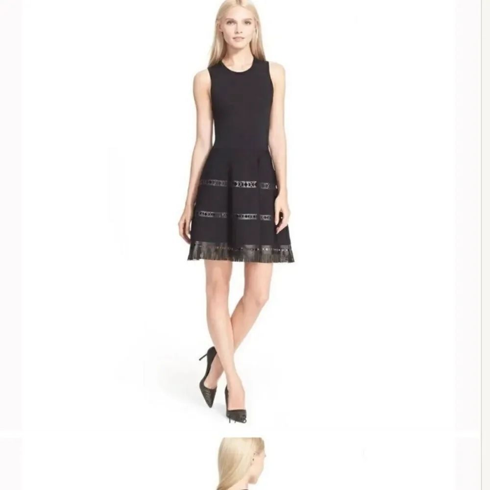 Parker Black Knit Leather Trim Stretch Serene Dress
